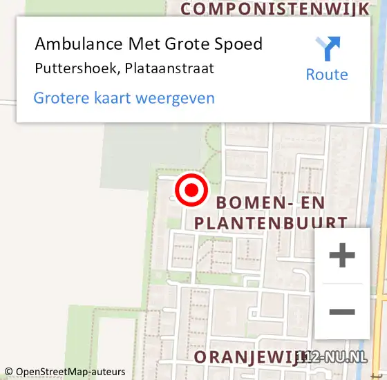 Locatie op kaart van de 112 melding: Ambulance Met Grote Spoed Naar Puttershoek, Plataanstraat op 6 juli 2023 16:43