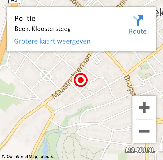 Locatie op kaart van de 112 melding: Politie Beek, Kloostersteeg op 6 juli 2023 17:29