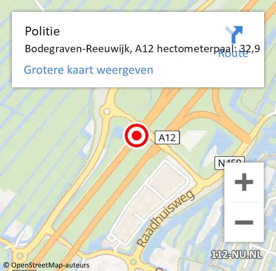 Locatie op kaart van de 112 melding: Politie Bodegraven-Reeuwijk, A12 hectometerpaal: 32,9 op 6 juli 2023 17:31