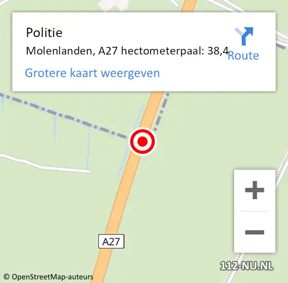 Locatie op kaart van de 112 melding: Politie Molenlanden, A27 hectometerpaal: 38,4 op 6 juli 2023 17:47