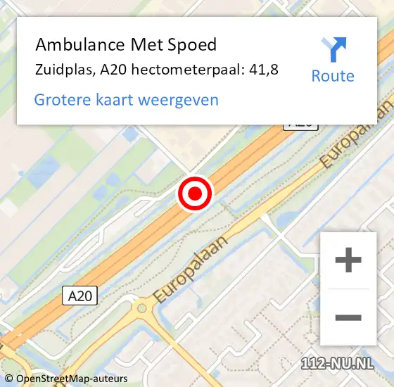 Locatie op kaart van de 112 melding: Ambulance Met Spoed Naar Zuidplas, A20 hectometerpaal: 41,8 op 6 juli 2023 18:19