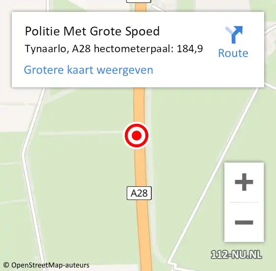 Locatie op kaart van de 112 melding: Politie Met Grote Spoed Naar Tynaarlo, A28 hectometerpaal: 184,9 op 6 juli 2023 19:46