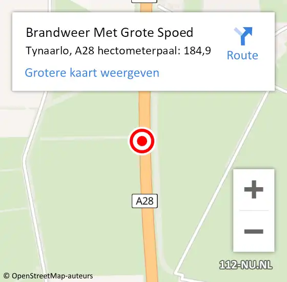 Locatie op kaart van de 112 melding: Brandweer Met Grote Spoed Naar Tynaarlo, A28 hectometerpaal: 184,9 op 6 juli 2023 19:46