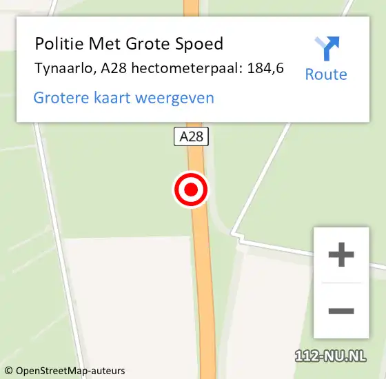 Locatie op kaart van de 112 melding: Politie Met Grote Spoed Naar Tynaarlo, A28 hectometerpaal: 184,6 op 6 juli 2023 19:51