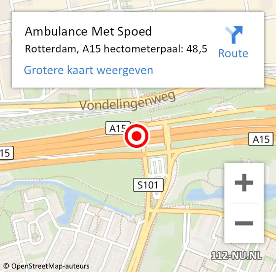 Locatie op kaart van de 112 melding: Ambulance Met Spoed Naar Rotterdam, A15 hectometerpaal: 48,5 op 6 juli 2023 20:18