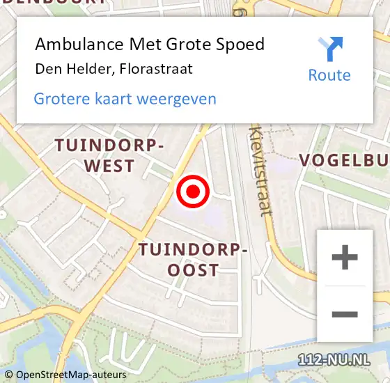 Locatie op kaart van de 112 melding: Ambulance Met Grote Spoed Naar Den Helder, Florastraat op 6 juli 2023 20:52