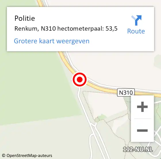 Locatie op kaart van de 112 melding: Politie Renkum, N310 hectometerpaal: 53,5 op 7 juli 2023 01:25