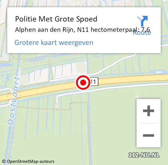 Locatie op kaart van de 112 melding: Politie Met Grote Spoed Naar Alphen aan den Rijn, N11 hectometerpaal: 7,6 op 7 juli 2023 06:39