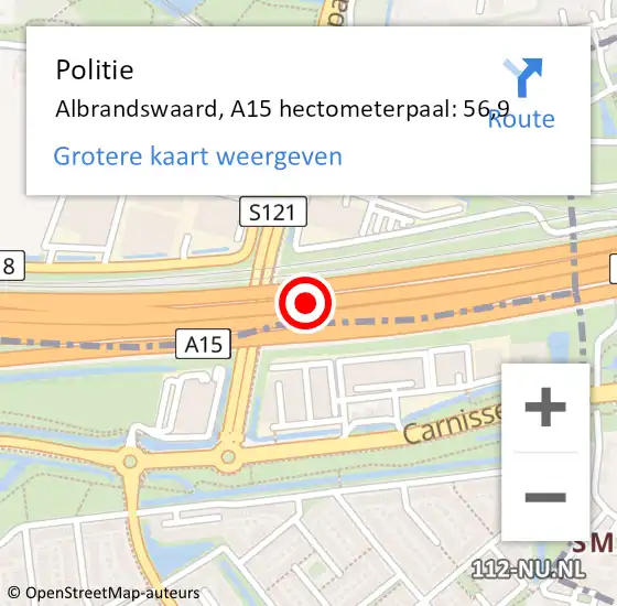 Locatie op kaart van de 112 melding: Politie Albrandswaard, A15 hectometerpaal: 56,9 op 7 juli 2023 10:12