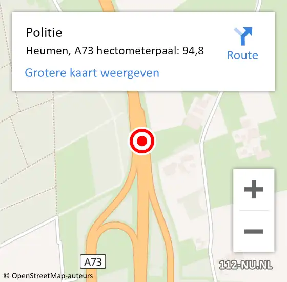 Locatie op kaart van de 112 melding: Politie Heumen, A73 hectometerpaal: 94,8 op 7 juli 2023 12:20