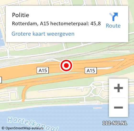 Locatie op kaart van de 112 melding: Politie Rotterdam, A15 hectometerpaal: 45,8 op 7 juli 2023 12:30