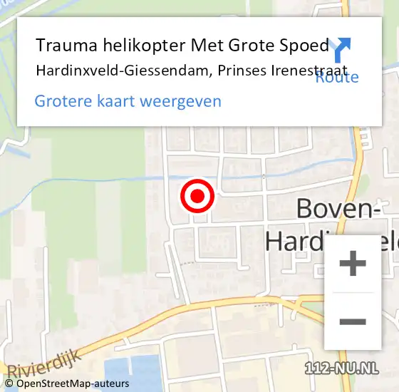 Locatie op kaart van de 112 melding: Trauma helikopter Met Grote Spoed Naar Hardinxveld-Giessendam, Prinses Irenestraat op 7 juli 2023 12:43