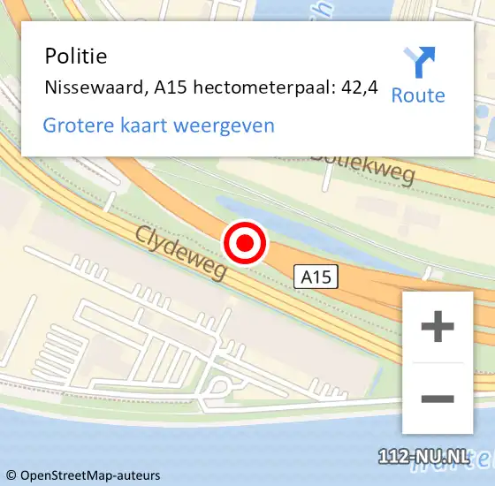 Locatie op kaart van de 112 melding: Politie Nissewaard, A15 hectometerpaal: 42,4 op 7 juli 2023 13:05