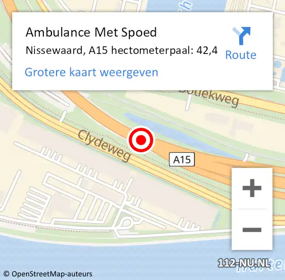 Locatie op kaart van de 112 melding: Ambulance Met Spoed Naar Nissewaard, A15 hectometerpaal: 42,4 op 7 juli 2023 13:07