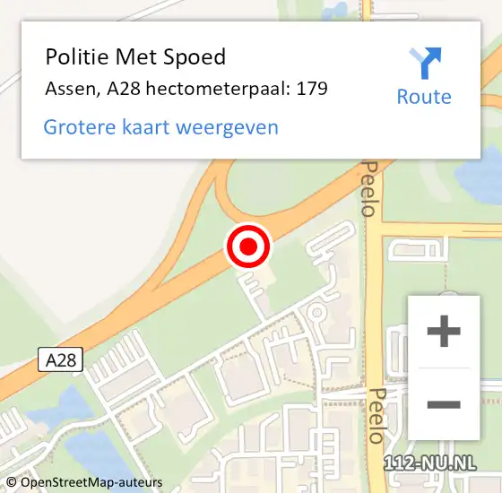 Locatie op kaart van de 112 melding: Politie Met Spoed Naar Assen, A28 hectometerpaal: 179 op 7 juli 2023 13:50