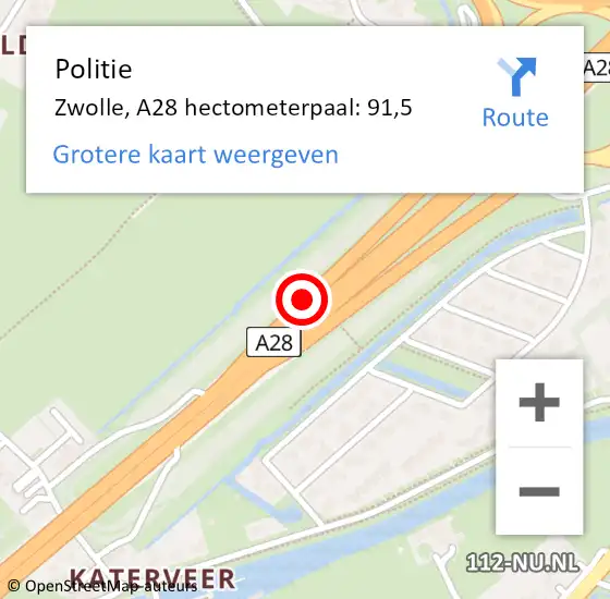 Locatie op kaart van de 112 melding: Politie Zwolle, A28 hectometerpaal: 91,5 op 7 juli 2023 14:01