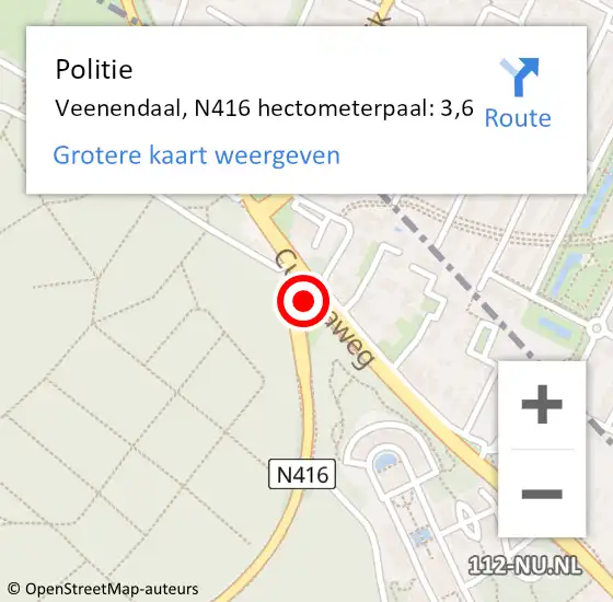 Locatie op kaart van de 112 melding: Politie Veenendaal, N416 hectometerpaal: 3,6 op 7 juli 2023 14:33