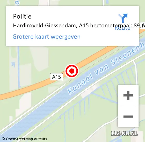 Locatie op kaart van de 112 melding: Politie Hardinxveld-Giessendam, A15 hectometerpaal: 89,6 op 7 juli 2023 14:37