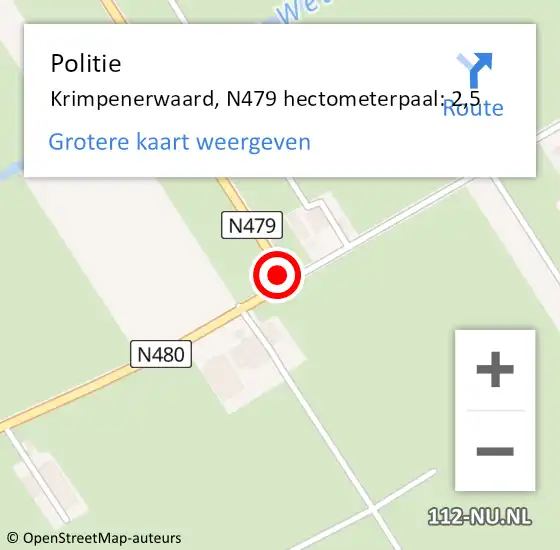 Locatie op kaart van de 112 melding: Politie Krimpenerwaard, N479 hectometerpaal: 2,5 op 7 juli 2023 15:04