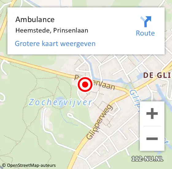 Locatie op kaart van de 112 melding: Ambulance Heemstede, Prinsenlaan op 7 juli 2023 15:06