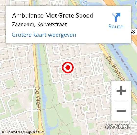 Locatie op kaart van de 112 melding: Ambulance Met Grote Spoed Naar Zaandam, Korvetstraat op 7 juli 2023 15:37