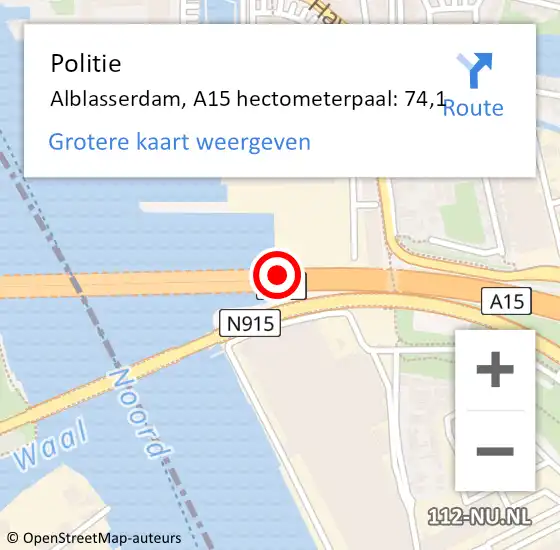 Locatie op kaart van de 112 melding: Politie Alblasserdam, A15 hectometerpaal: 74,1 op 7 juli 2023 15:52