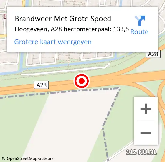 Locatie op kaart van de 112 melding: Brandweer Met Grote Spoed Naar Hoogeveen, A28 hectometerpaal: 133,5 op 7 juli 2023 15:55