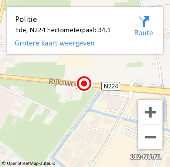 Locatie op kaart van de 112 melding: Politie Ede, N224 hectometerpaal: 34,1 op 7 juli 2023 16:00