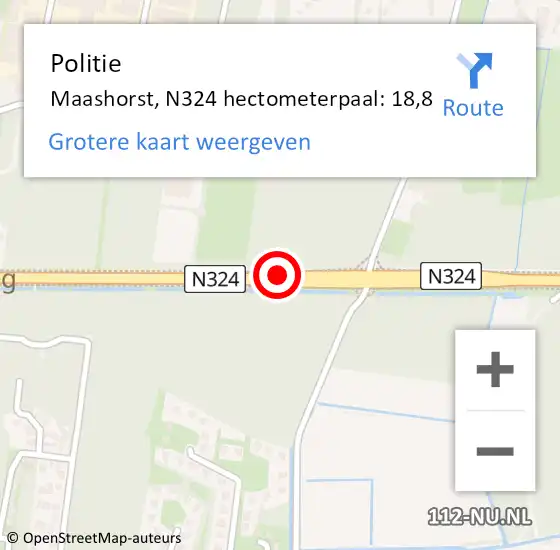 Locatie op kaart van de 112 melding: Politie Maashorst, N324 hectometerpaal: 18,8 op 7 juli 2023 16:51