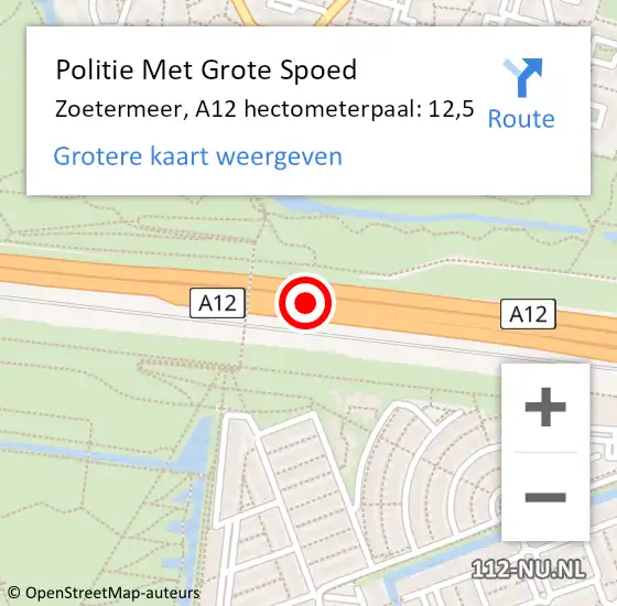 Locatie op kaart van de 112 melding: Politie Met Grote Spoed Naar Zoetermeer, A12 hectometerpaal: 12,5 op 7 juli 2023 17:35