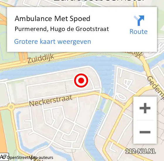 Locatie op kaart van de 112 melding: Ambulance Met Spoed Naar Purmerend, Hugo de Grootstraat op 7 juli 2023 17:37