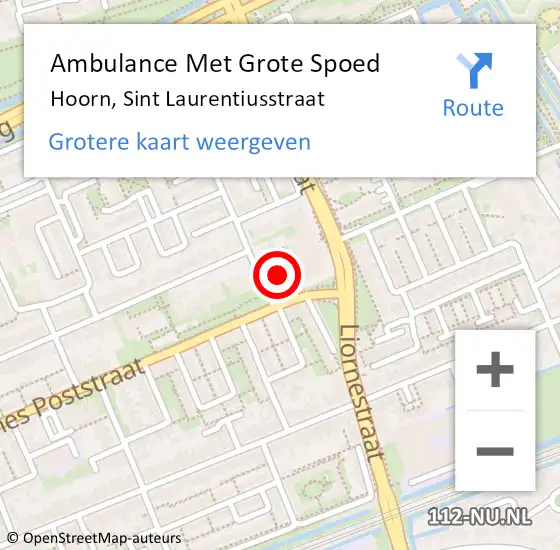 Locatie op kaart van de 112 melding: Ambulance Met Grote Spoed Naar Hoorn, Sint Laurentiusstraat op 7 juli 2023 18:04