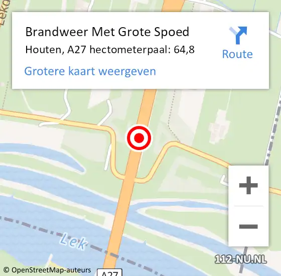 Locatie op kaart van de 112 melding: Brandweer Met Grote Spoed Naar Houten, A27 hectometerpaal: 64,8 op 7 juli 2023 18:33