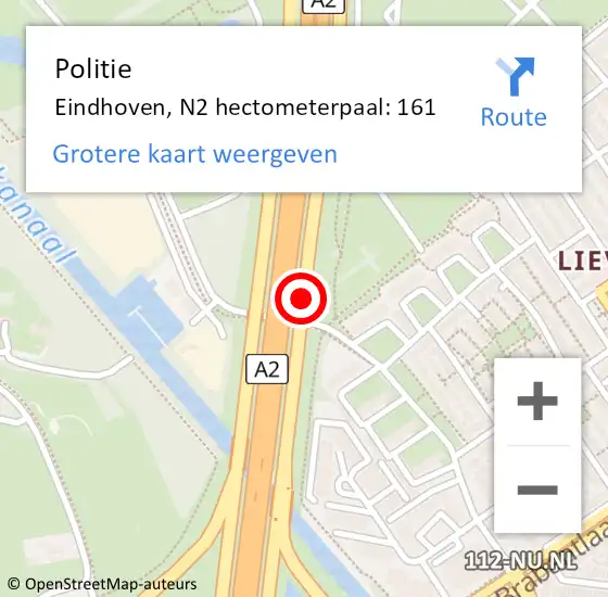 Locatie op kaart van de 112 melding: Politie Eindhoven, N2 hectometerpaal: 161 op 7 juli 2023 20:21