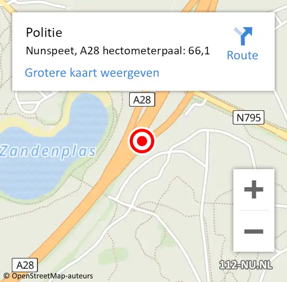 Locatie op kaart van de 112 melding: Politie Nunspeet, A28 hectometerpaal: 66,1 op 7 juli 2023 21:05