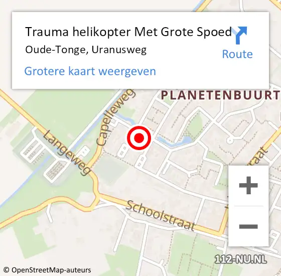 Locatie op kaart van de 112 melding: Trauma helikopter Met Grote Spoed Naar Oude-Tonge, Uranusweg op 7 juli 2023 22:59