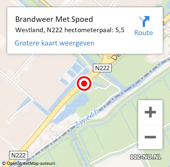 Locatie op kaart van de 112 melding: Brandweer Met Spoed Naar Westland, N222 hectometerpaal: 5,5 op 8 juli 2023 00:45