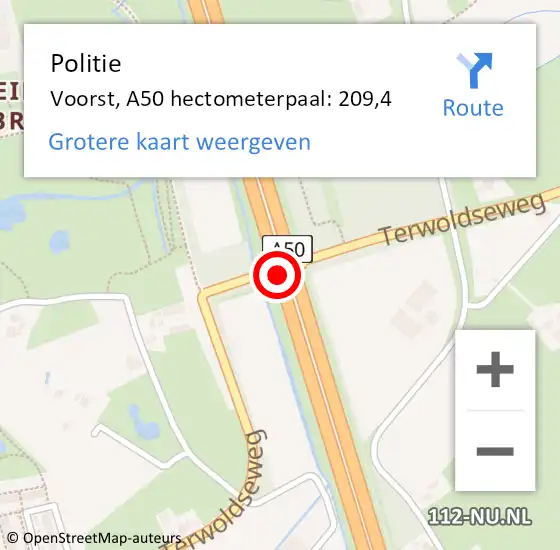 Locatie op kaart van de 112 melding: Politie Voorst, A50 hectometerpaal: 209,4 op 8 juli 2023 01:14