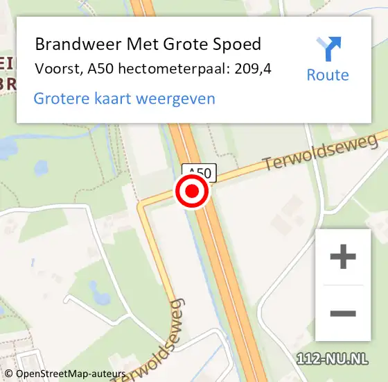 Locatie op kaart van de 112 melding: Brandweer Met Grote Spoed Naar Voorst, A50 hectometerpaal: 209,4 op 8 juli 2023 01:28