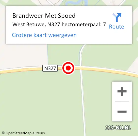 Locatie op kaart van de 112 melding: Brandweer Met Spoed Naar West Betuwe, N327 hectometerpaal: 7 op 8 juli 2023 01:36