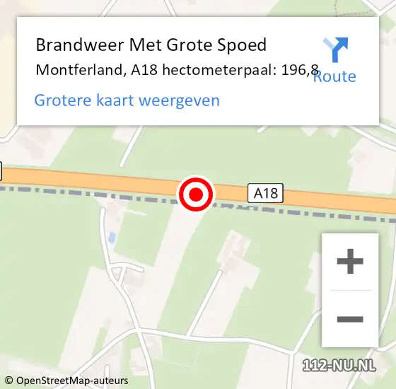 Locatie op kaart van de 112 melding: Brandweer Met Grote Spoed Naar Montferland, A18 hectometerpaal: 196,8 op 8 juli 2023 02:02