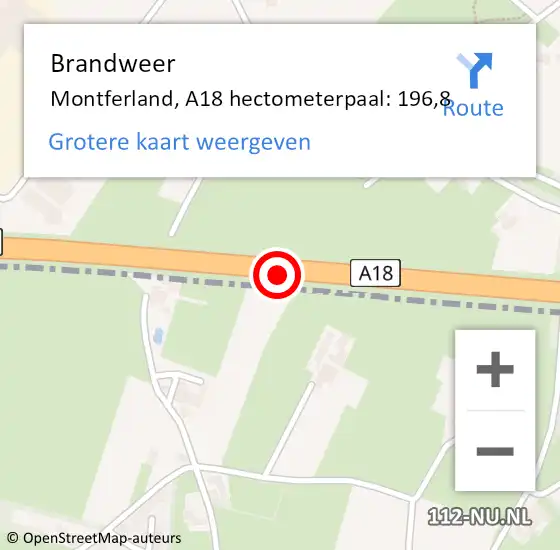 Locatie op kaart van de 112 melding: Brandweer Montferland, A18 hectometerpaal: 196,8 op 8 juli 2023 02:04
