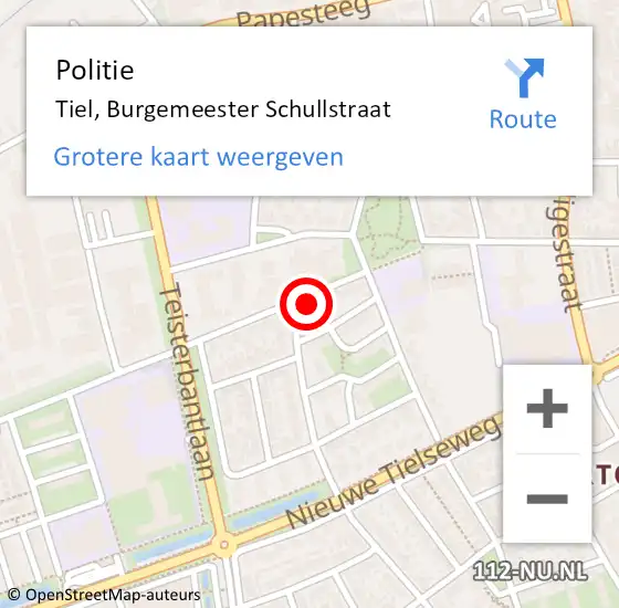 Locatie op kaart van de 112 melding: Politie Tiel, Burgemeester Schullstraat op 8 juli 2023 02:06