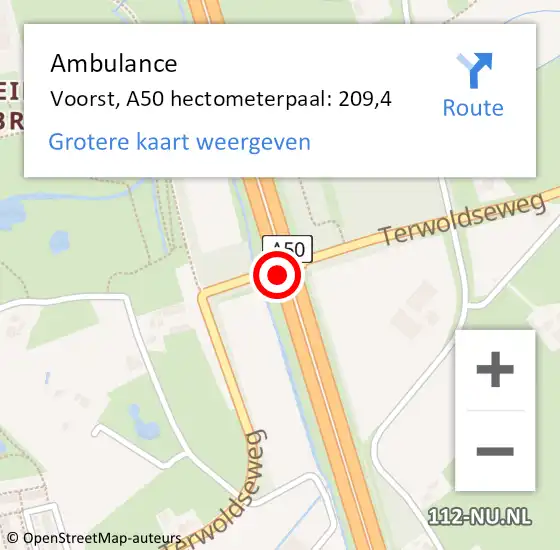 Locatie op kaart van de 112 melding: Ambulance Voorst, A50 hectometerpaal: 209,4 op 8 juli 2023 02:26