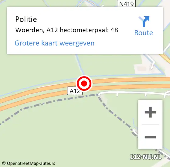 Locatie op kaart van de 112 melding: Politie Woerden, A12 hectometerpaal: 48 op 8 juli 2023 03:10