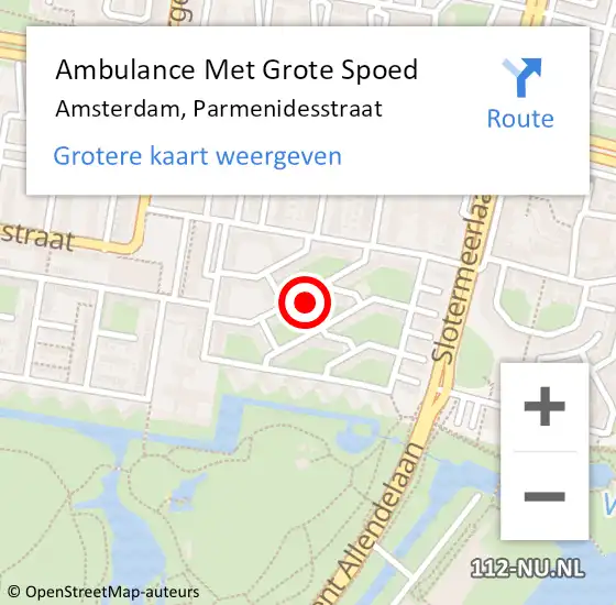 Locatie op kaart van de 112 melding: Ambulance Met Grote Spoed Naar Amsterdam, Parmenidesstraat op 8 juli 2023 09:28