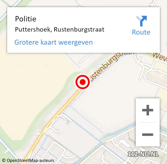 Locatie op kaart van de 112 melding: Politie Puttershoek, Rustenburgstraat op 8 juli 2023 10:59