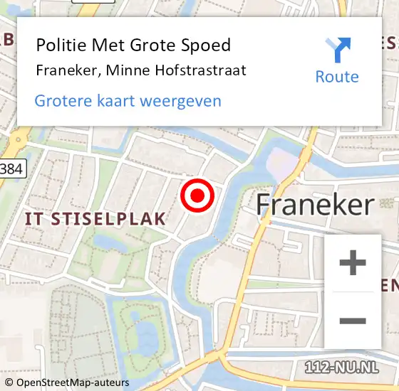 Locatie op kaart van de 112 melding: Politie Met Grote Spoed Naar Franeker, Minne Hofstrastraat op 8 juli 2023 11:09