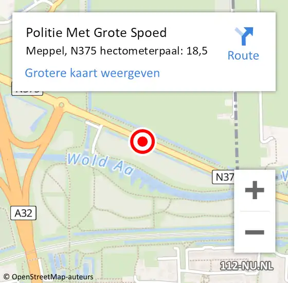 Locatie op kaart van de 112 melding: Politie Met Grote Spoed Naar Meppel, N375 hectometerpaal: 18,5 op 8 juli 2023 12:03