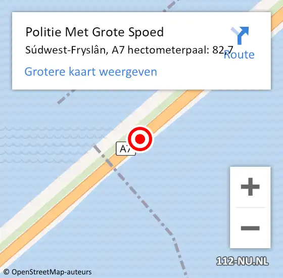 Locatie op kaart van de 112 melding: Politie Met Grote Spoed Naar Súdwest-Fryslân, A7 hectometerpaal: 82,7 op 8 juli 2023 12:25